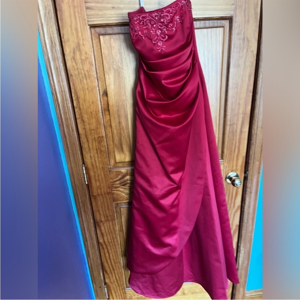 David's Bridal Red Strapless Ruched Gown for Prom